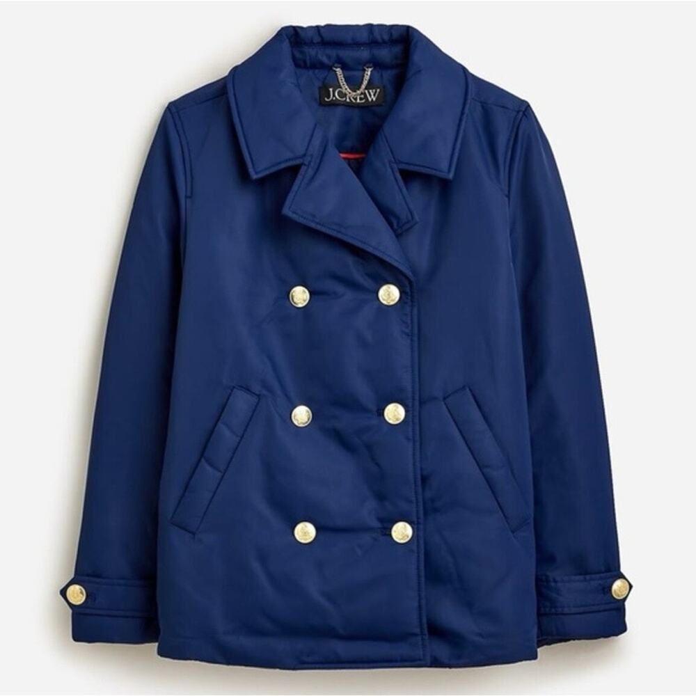 NWT J. Crew Peacoat Puffer Jacket In Lightweight Shiny Nylon Blue Size Small